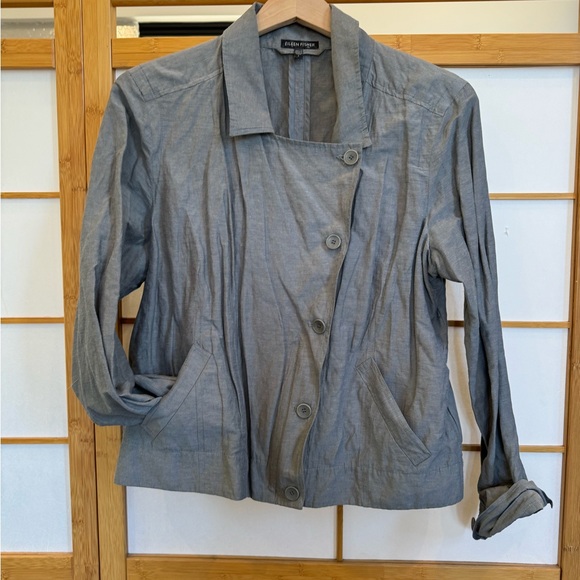 Eileen Fisher Sz L Pewter Moto Organic Cotton Steel Convert Collar Jacket - Picture 7 of 12